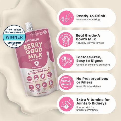 10-Pack 200ml CoQ10, Omega-3 Choolip Berry Good Milk for Cats & Dogs Lactose-Free Pet Milk, Pouches Vet-Formulated