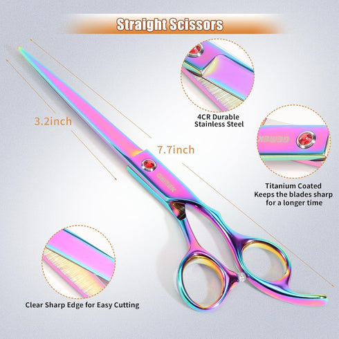 7.0in Set, 6 1 Titanium Professional Pet Grooming Scissors GEMEK in Straight & Thinning & Upwards Curved & Downwards