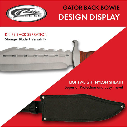SZCO Supplies 15" Gator Back Bowie Knife - Stainless Steel Wood Handle with Sheath, Brown