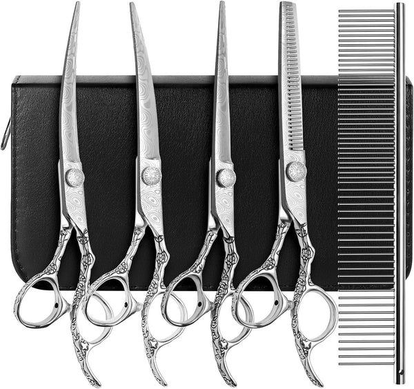 Dog Grooming Scissors,Silver with Safety Round Tips,5 in 1 Curved Dog Scissors