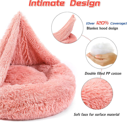 NOYAL Calming Dog Beds with Blanket Cave, Anti-Anxiety Fluffy Bed for Small Medium Dogs, Pet Cushions Furniture