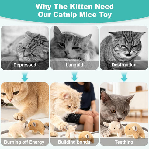 2 Plush Catnip Mice Toys with Rattle Sound- Pcs Interactive Cat Toys for Indoor Cats, Durable Stress Relief