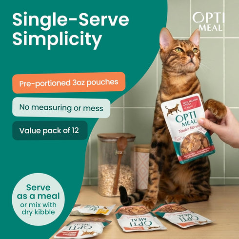 3oz (Pack 12) Optimeal Wet Cat Food Grain Free - Salmon & Tuna Tender Morsels, High Protein Premium Nutrition Made