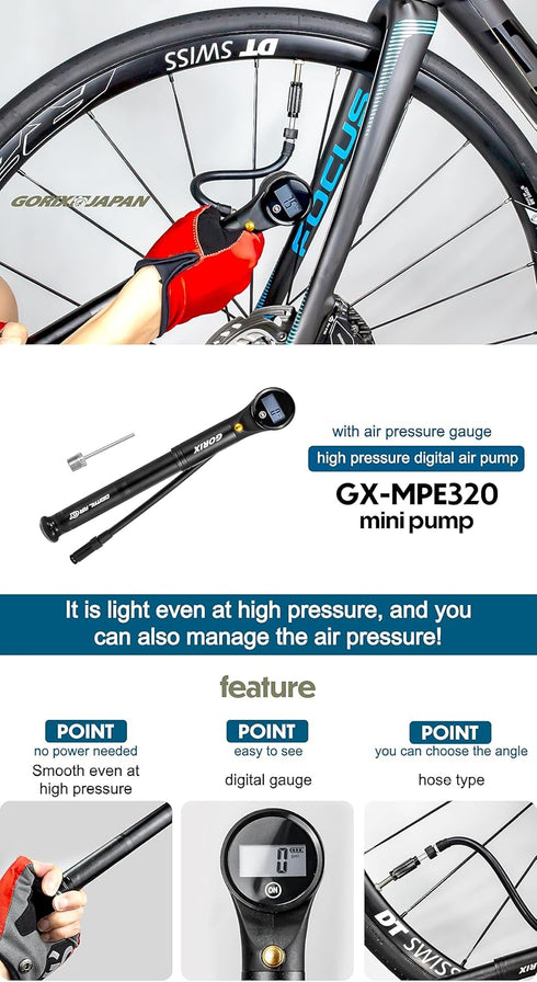 GORIX Bike Portable Pump, High Pressure 320psi Bicycle Air Pump with Digital Gauge for Presta Schraeder (GX-MPE320)
