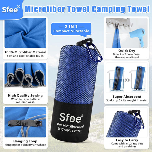 Sfee 2 Pack Microfiber Travel Towel - Quick Dry Camping Beach Super Absorbent Lightweight Sports Set for Gym, Hiking,