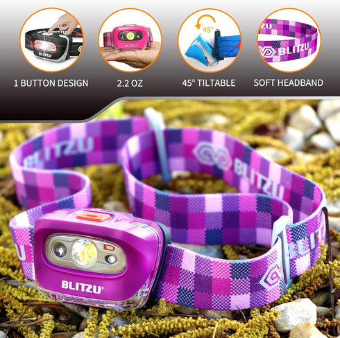 LED Headlamp Flashlight for Adults & Kids, Lightweight, Waterproof, Purple, 3 AAA Batteries Included