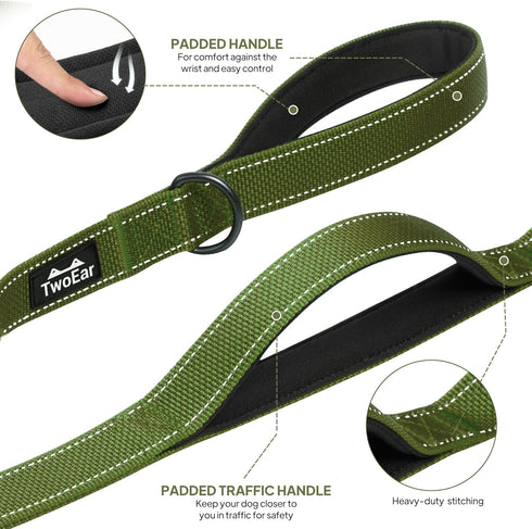 TwoEar 6FT 1IN Strong Green Dog Leash with 2 Padded Handles, Comfortable Soft Dual Handle for Small Medium Large Dogs