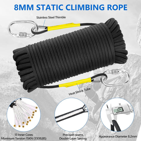 NTR 10M to 50M Climbing Rope, 8MM Static Rock Climbing Rope with 2 Steel Hooks for Outdoor Safety