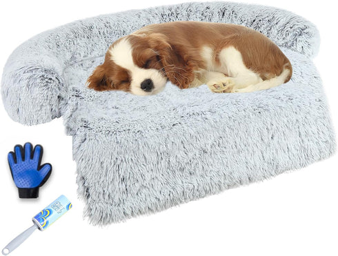 Dog Couch Bed Protector with Memory Foam, Removable Fluffy Plush Couch Cover, Waterproof Dog Bed for Couch, Washable
