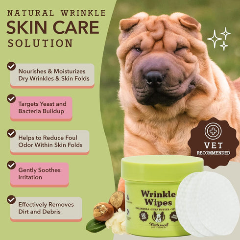 Natural Dog Company Wrinkle Wipes for Dogs, 50 Count, Hypoallergenic Cleaning & Deodorizing Wipes for Grooming