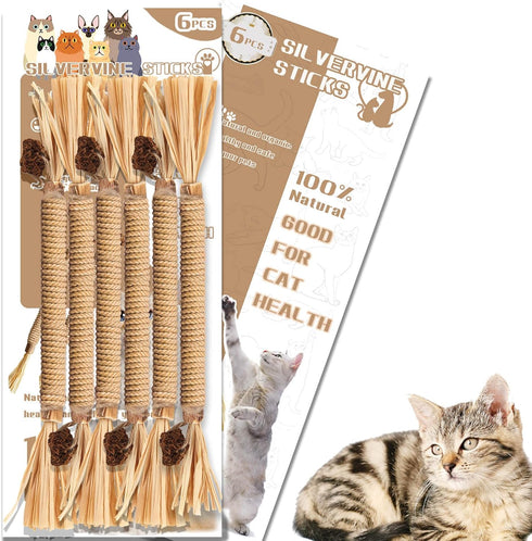 Cat Toy (6 PCS) Silver Rattan Stick, Catnip Stick for Training, Chew Stick, Indoor Interactive Toy