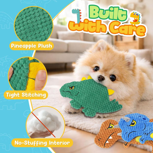 3-Pack KIPRITII Dinosaur No-Stuffing Dog Squeaky Toys to Keep Dogs Busy, Puppy Toys for Interactive Play & Boredom