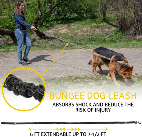 Heavy Duty Bungee Dog Leash, 6 ft - 7.5 ft for Large, Medium Dogs, No Pull, Reflective Tactical Leash with Double Handle