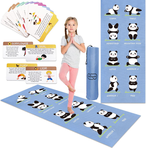 Garybank Kids Yoga Mat Set - Non-slip Exercise Mats with Fun Prints & 12 Yoga Cards for Kids