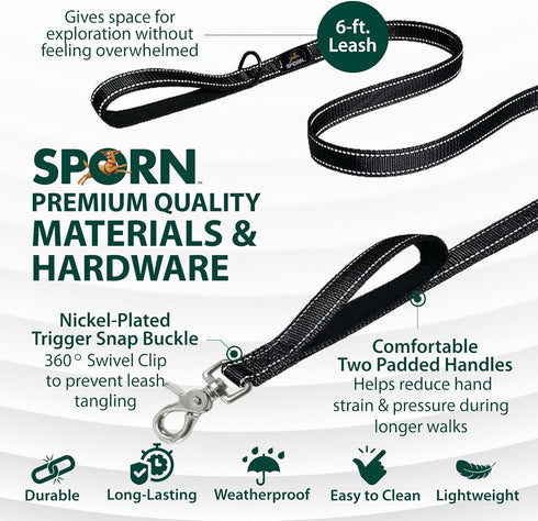 Sporn Dual Handle Padded Dog Training Leash, 6ft Heavy Duty for Maximum Control, Reflective Strap for Visibility