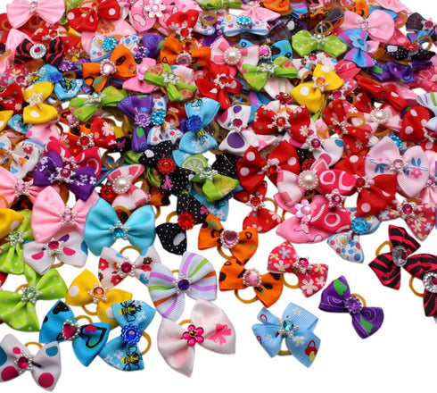 YOY 50 Pcs Adorable Grosgrain Ribbon Pet Dog Hair Bows with Elastic Rubber Bands, Doggy Kitty Topknot Grooming