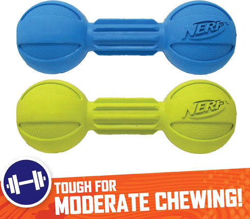 Nerf Dog Chewable Barbell Dog Toy, Lightweight, Durable and Water Resistant, 7.5 Inches, for Medium/Large Breeds, Two Pack, Blue and Green (8953)