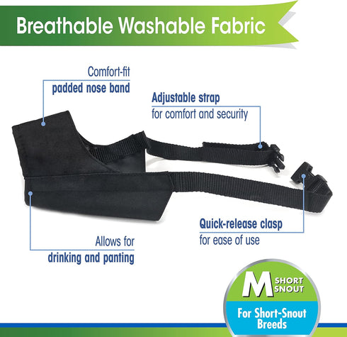 Walk-About Quick-Fit Short Snout Adjustable Dog Muzzle Four Paws for Medium Dogs, Washable & Breathable, Black, 1 Count