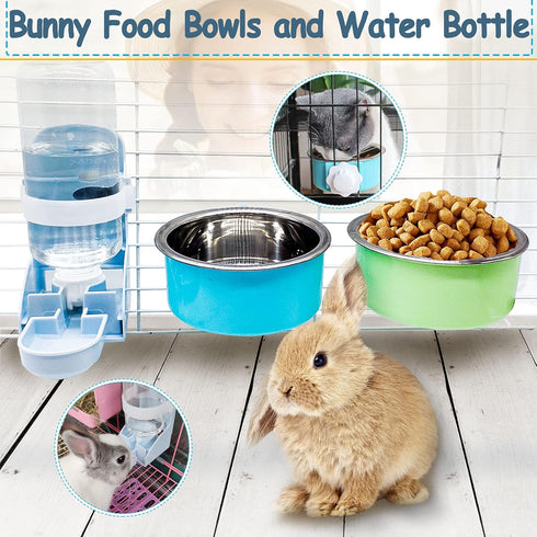 Hamiledyi 3PCS Crate Bunny Food Bowl, Removable Stainless Steel Dual Bowls with Plastic Hanging Water Fountain