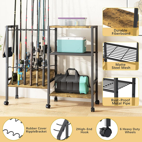 Fishing Rod Rack with Wheels, Metal Fishing Gear Shelf for Up to 12 Rods, Fishing Pole Storage Cart for Home Entryway