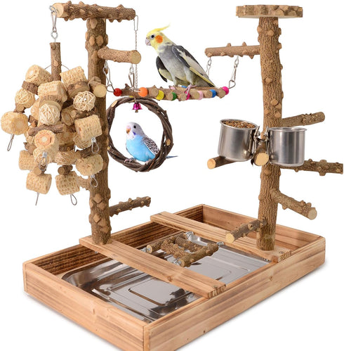 BRSLAIF Natural Wood Bird Perch Stand, Multi-Layer Parrot Playground Gym with Feeding Cups