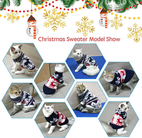 Vehomy 2Pcs Pet Puppy Christmas Sweaters, Navy Blue and Christmas White Knitwear with Reindeers Snowflakes Pattern