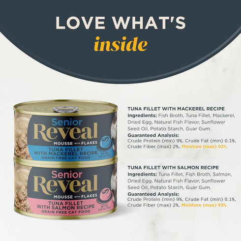 Reveal Natural Grain Free Wet Senior Cat Food, Limited Ingredient Fish Variety Mousse with Flakes, 8 x 2.47 oz