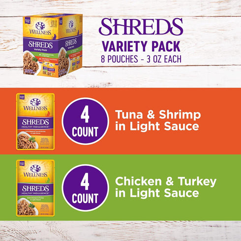 Wellness Healthy Indulgence Shreds Grain-Free Wet Cat Food, Complete & Balanced Meal, 3 oz Pouches, 8 Pack