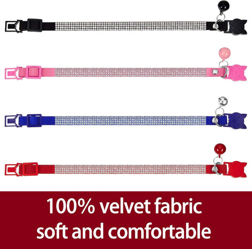 Weewooday 4 Pieces Rhinestones Cat Collars with Bell, Breakaway Pet Accessories in Soft Velvet, 4 Colors (S, Pink, Red,