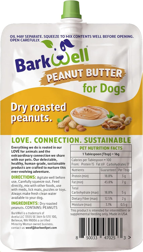 8oz 100% BarkWell Peanut Butter Squeeze - Pouch All-Natural Dog Peanut Butter, Sourced and Made in The USA Grain Free