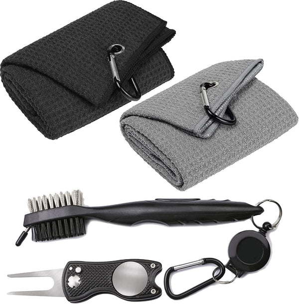 VIVIDLY 4-Piece Golf Towel Kit, Microfiber Waffle Pattern Tri-fold Golf Towel (16" x 24") with Golf Club Brush & Divot