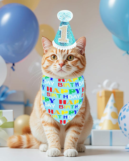 PET SHOW Dogs 1st Birthday Hats and Bandanas Set - Photo Props for 1-Year-Old Cats and Dogs (Blue)