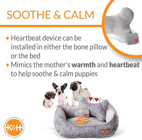 K&H Pet Products Mother's Heartbeat Heated Dog Bed with Bone Pillow, Heartbeat Puppy Toy, Gray 11 X 13 Inches