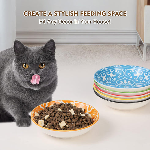 Ceramic Cat Food Bowl Set, Wide Shallow Bowls for Relief Whisker Fatigue, Colorful Flat Cat Dish, Microwave Safe