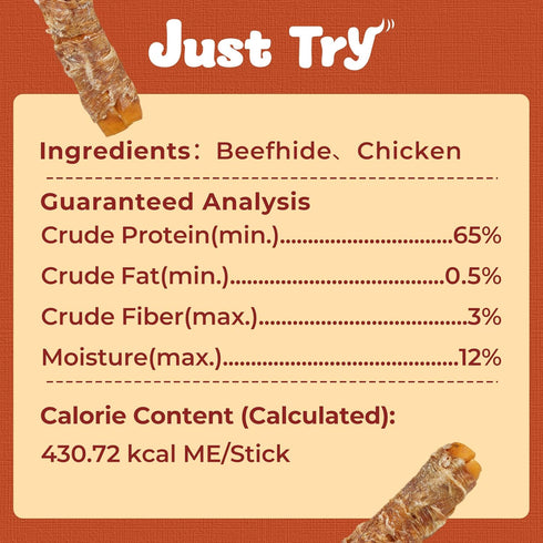 2 Packs 13" Just Try Large Size Chicken Wrapped Rawhide Dog Chew Sticks - Long Lasting Dog Chews, Dog Treats for Large