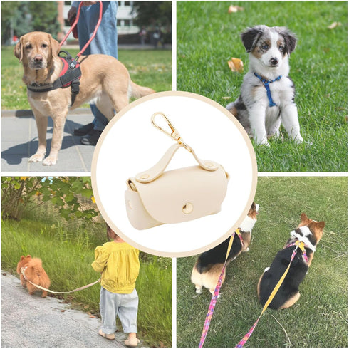 Leather Poop Bag Holder Dispenser for Leash, Portable Reusable Dog Poop Bag Holder for Walking and Outdoor (Beige)