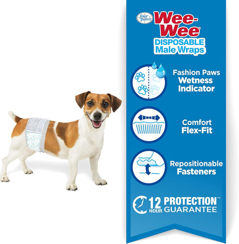 36 Count Four Paws Wee-Wee Super Absorbent Disposable Adjustable Dog Potty Training Male Wraps Diapers, Leak-Proof