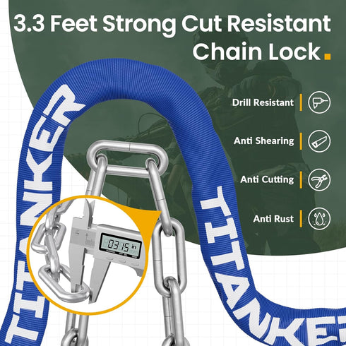 Titanker Security Anti-Theft Bike Chain Lock, 6mm, 8mm, 10mm Thick Chain for Bicycle, Motorcycle, Door, Gate