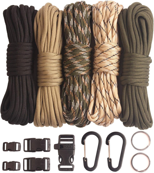 Paracord 550 Combo Crafting Kits with 5 Types of Buckles, 20 Feet Each, Light Rainbow Set 200 Feet (A-Set)