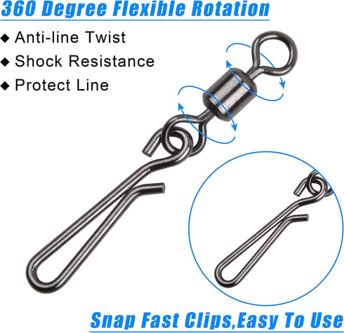 Fishing Clips Kit, 60/200pcs Quick Snaps, Barrel Snap Swivel, Rolling Swivel, Safety Snap for Freshwater Saltwater