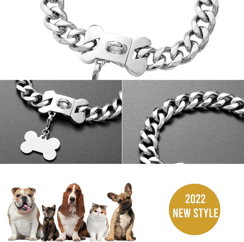 Silver Chain Dog Collar, 19mm Stainless Steel Cuban Link with Secure Snap Buckle for Small Medium Pitbull (19MM, 22")