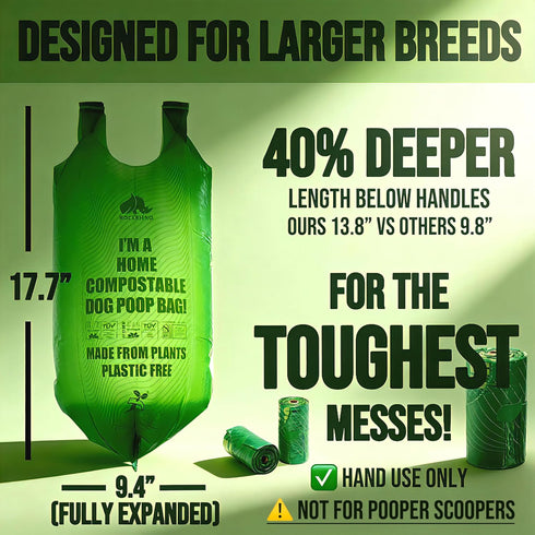 4-Layer 100% 0% 60 Ultra Thick & Deep RockRhino Dog Poop Bags for Large & XL Breeds | Interlocked Bottom | Home