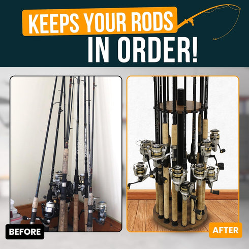 Rush Creek Creations 16 Round Fishing Rod Rack - Dark Walnut Fishing Pole Holder and Storage