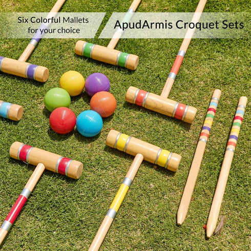 Set 28In,Colored Set ApudArmis Six Player Croquet with Premiun Rubber Wooden Mallets Ball,Wickets,Stakes - Lawn