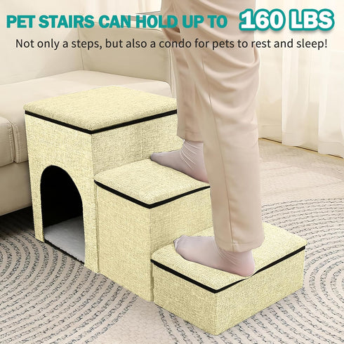 Fhiny 3-Steps Foldable Dog Stairs with Storage, Non-Slip Puppy Steps for High Bed & Couch, Khaki, Holds 160 lbs