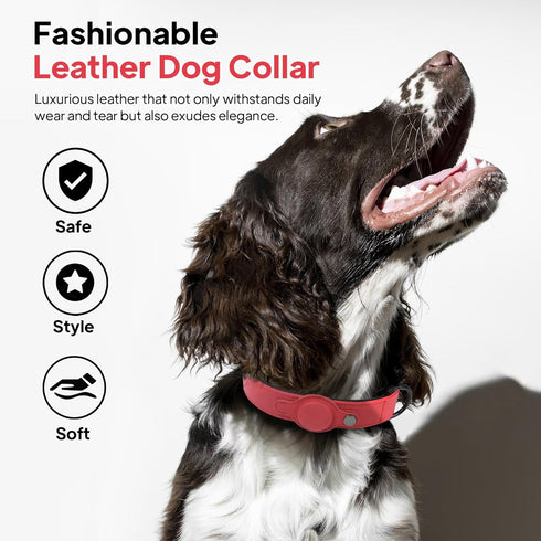 PetiFine Leather Dog Collar with Airtag Holder, Soft Padded Adjustable Rust-proof Metal Buckle for Small Medium Large