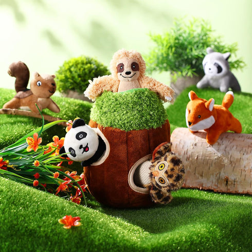 7 Pieces Dog Squeaky Toys, Hide and Seek Activity Puppy Chew Toys, Plush Woodland Friends with Squeakers