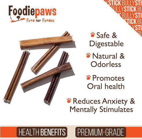 6 Inch 25 Pack FOODIEPAWS Thin Bully Sticks for Dogs, Bulk | All Natural, Grass-Fed Beef | High Protein, Rawhide-Free