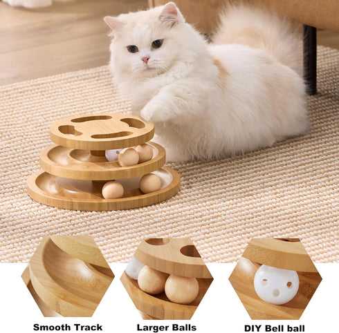 ZOMISIA Cat Ball Track Toy with Puzzle Top, Wooden Cat Toys for Indoor Cats with Spinning Balls, Interactive Large Cat