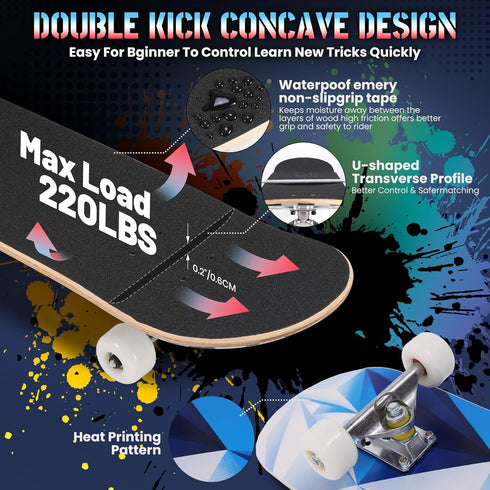 Pro Complete Skateboards for Beginners - 31"x8" Skate Boards, 7 Layers Canadian Maple Double Kick Deck